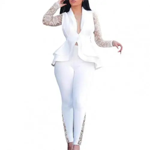 Two Piece Set Pants Suit Women Sexy Solid Color Lace Slim Deep V Neck Mega Mart Center Two Piece Set Pants Suit Women Sexy Solid Color Lace Slim Deep V Neck Mega Mart Center