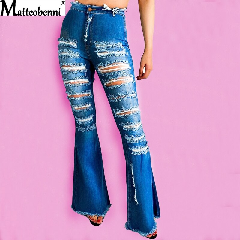 Fashion Denim Flare Pants Women High Waist Retro Ripped Jeans Wide Leg Trousers Lady Casual Bell-Bottoms Flare Pant Tassel Jeans