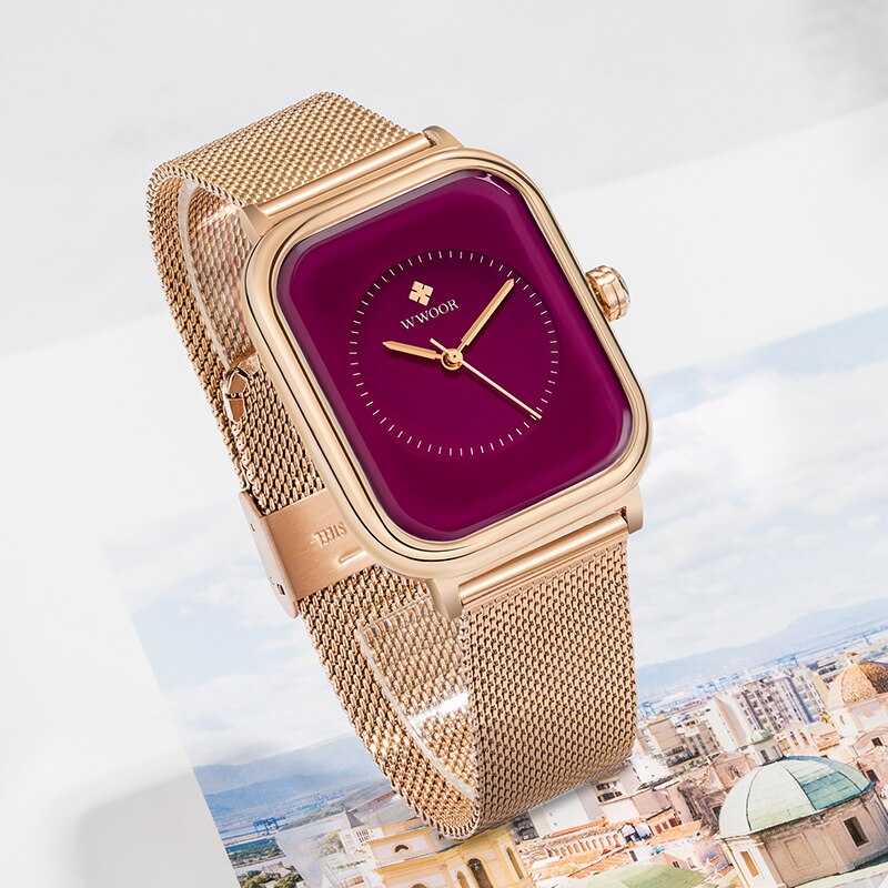 WWOOR Watches For Women 2022 Top Brand Luxury Purple Rectangle Quartz Wrist Watch Waterproof Steel Mesh Ladies Dress Watch Xfcs
