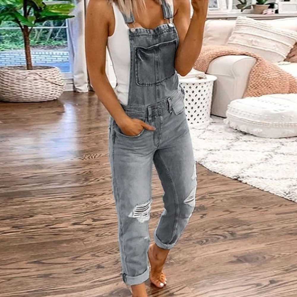 Women's Ripped Denim Jumpsuit Fashion Slouchy Loose Pocket Slim Solid Color Blue Strap Jeans Trousers Work Clothes