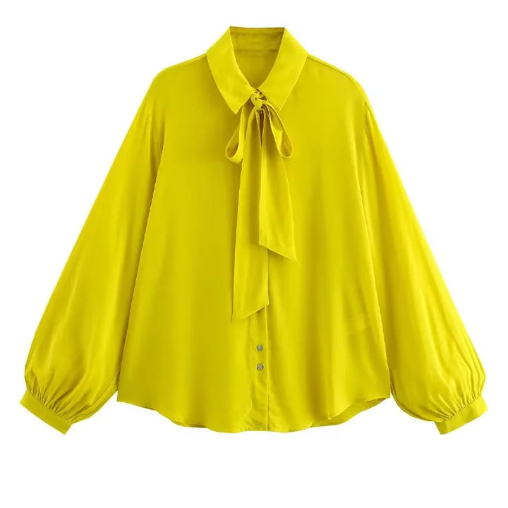 ZAJIA 2025 Spring New Women's Casual Long Sleeve Lapel Shirt Bow Decorative Button Fastening Fashion Simple