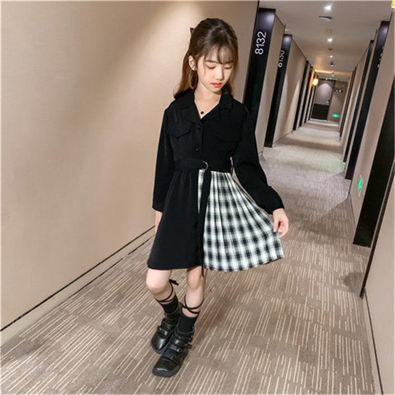 Kids Blazer Dress 2023 Girl Formal Black Blazer Dress Suit Jacket Female Fashion Children's Stitching Plaid Blazer Party Costume