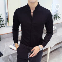 New Men Business Shirts Black/White Fashion Elegant Male Stand Collar Long Sleeve Tops Homme Wedding Party Dresses