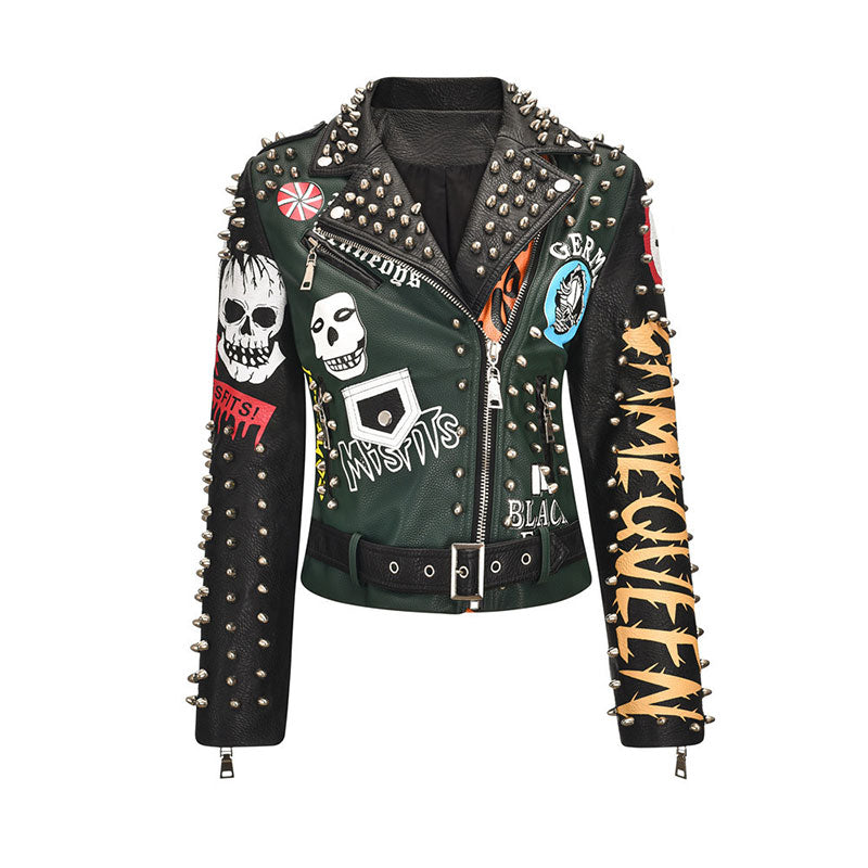 Sexy Women Spring Rivet Death Patch Fuax Leather Jackets For Punk Rock Rivet Streetwear