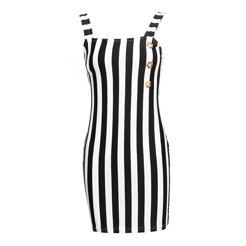 Sexy Women Striped Mini Pencil Dress Summer Backless Design Button Decor Ol Dress Sleeveless Slim Package Hip Elegant Dresses