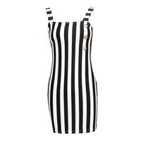 Sexy Women Striped Mini Pencil Dress Summer Backless Design Button Decor Ol Dress Sleeveless Slim Package Hip Elegant Dresses