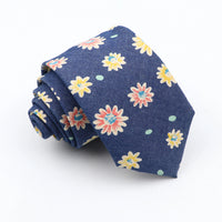 New Cotton Denim Ties For Men 7CM Floral Feather Dot Blue Neck Tie For Wedding Party Casual Print Slim Neckties Daily Wear Gift