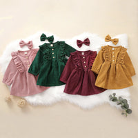 FOCUSNORM 0-6Y Autumn Infant Baby Girls Dress Headband 2pcs Solid Ruffles Long Sleeve Bowknot Button A-Line Dress 4 Colors