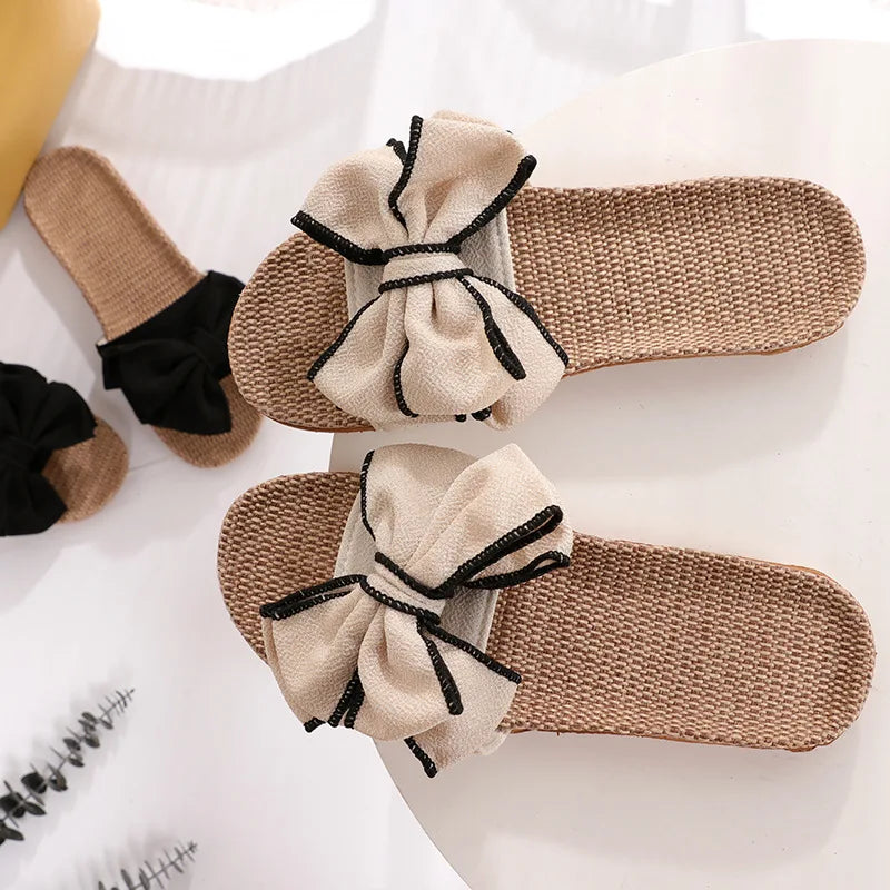 New  Butterfly-Knot Home Slippers Summer Cool Eva Slippers Women Linen Belt Slides Female Sandals Flip Flops