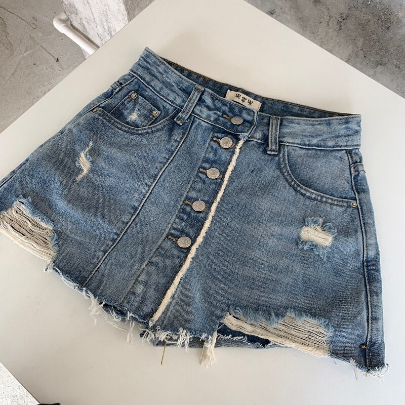 Button Tassel Skirt Ripped Jeans For Women Denim Fake Mini Shorts High Waist Sexy Casual Korea Fashion Clothes 2021 Summer New