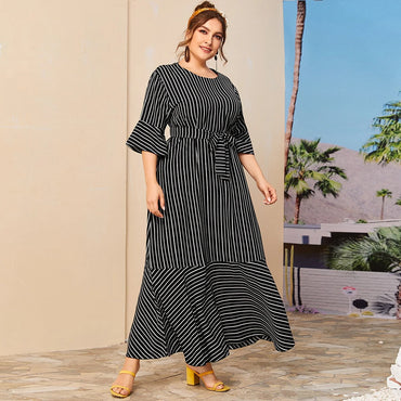 Dress Summer Women 2021 Autumn Three Quarter Sleeve Striped Print Casual Dress Black Ruffles Maxi Long Dresses