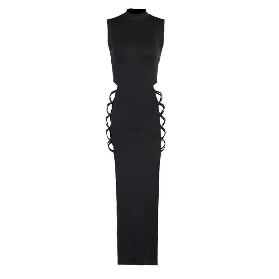 2021 Summer Elegant Black Sleeveless Bandage Sexy Halter Slit Dress Women's Club Party Halter Vest Dress Skinny Fashion