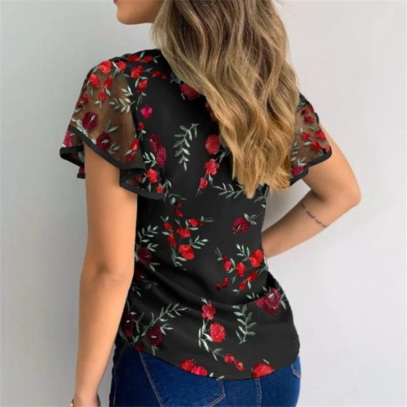 Women Ruffles Short Sleeve T-Shirt Summer Fashion Casual Flower Embroidery Cutout Mesh Sheer Tops Slim Vintage Pullover Tee