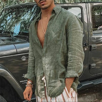 2024 Summer Men'S Casual Cotton Linen Shirt Long Sleeve Loose Blouse Button Breathable Top For Men