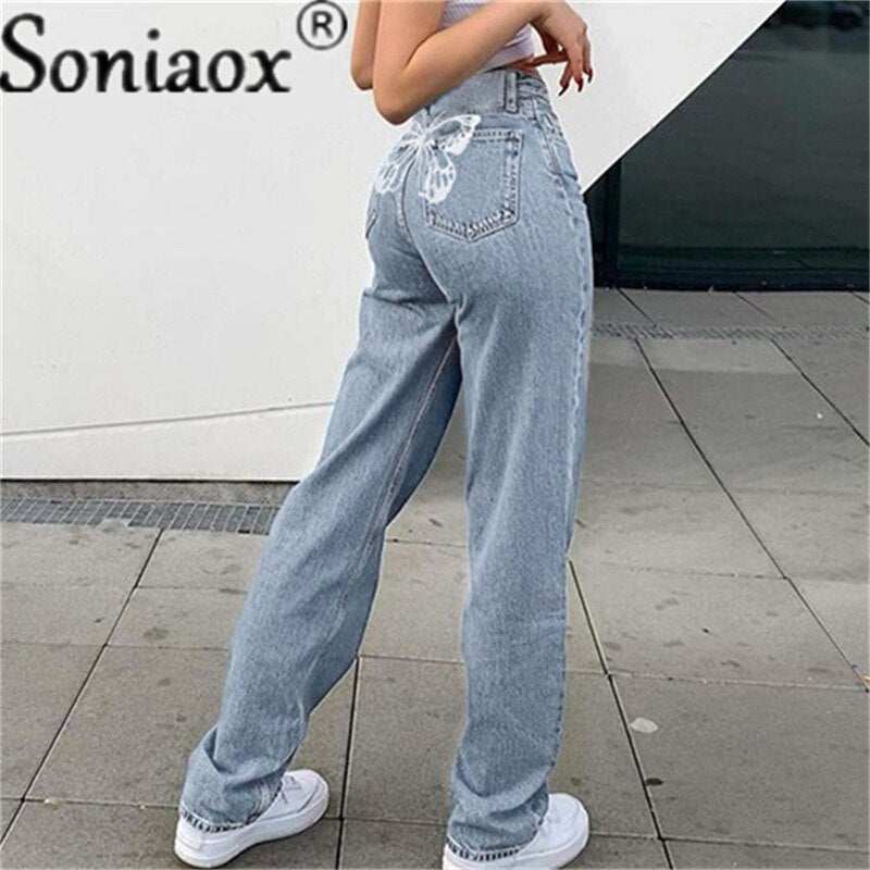 Fashion Butterfly Print Women's Denim Pants Ladies Sexy High Waist Print Wide Leg Jeans 2021 Women Streetwear Straight Leg Jeans