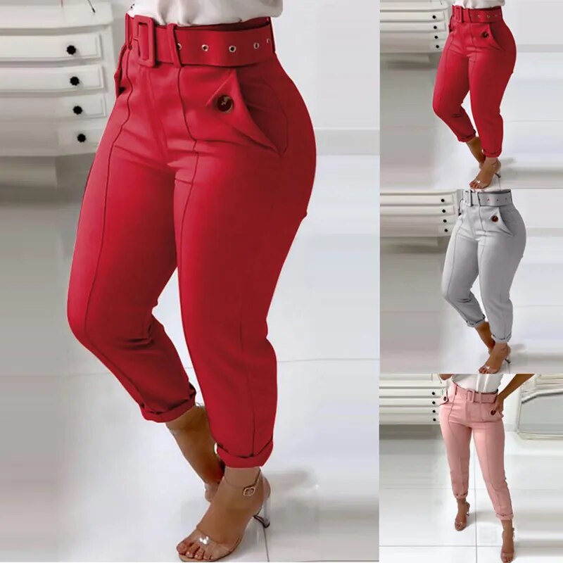 High Waist Pants For Women With Belt Elegant Office Lady Y2K Pant Korean Fashion Solid Color Trousers For Women's Clothing 2021