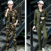 2022 Women's Cotton Casual Spring Camouflage Army Green Two Piece Set 3XL 4XL 5XL