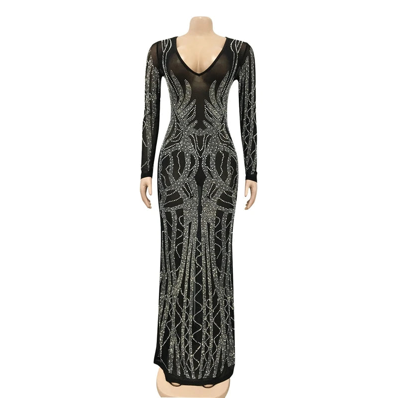 2021 Women Long Sleeve Dress Sexy Deep V Neck Hot Rhinestone Mesh See Through Midi Maxi Dress Long Hip Dress For Evening Party