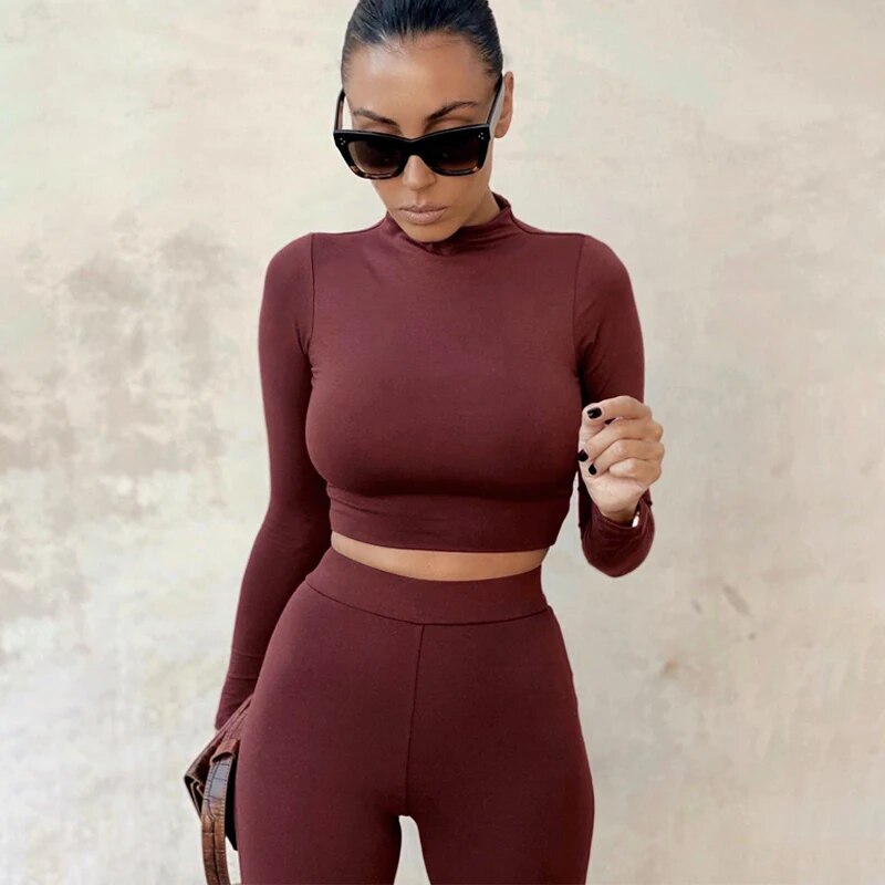 Winter Women Sport Fitness 2 Two Piece Set Outfits Long Sleeve Crop Tops Tshirt Leggings Pants Set Bodycon Tracksuits Women's