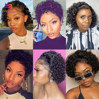 OYM HAIR Pixie Cut Wig Short Curly Lace Front Human Hair Wigs for Black Women Brazilian Water Wave 13x1 Transparent Lace Wigs