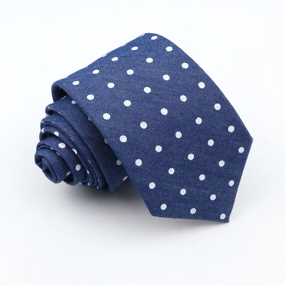 New Cotton Denim Ties For Men 7CM Floral Feather Dot Blue Neck Tie For Wedding Party Casual Print Slim Neckties Daily Wear Gift
