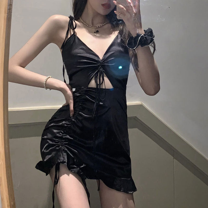 Sexy Satin Ruched Dress 2022 Women Mini White Bodycon Dress Female Sundress Party Night Hollow Out Ladies Dresses Summer Vestido