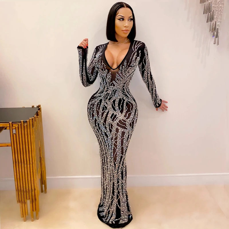 2021 Women Long Sleeve Dress Sexy Deep V Neck Hot Rhinestone Mesh See Through Midi Maxi Dress Long Hip Dress For Evening Party