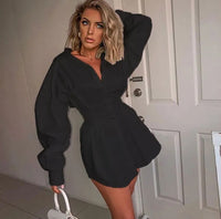 Women Shirts Dress Office Lady Long Puff Sleeve V-Neck High Waist Mini Dress Solid White Black Defined Waist Shirt Tunic Dress