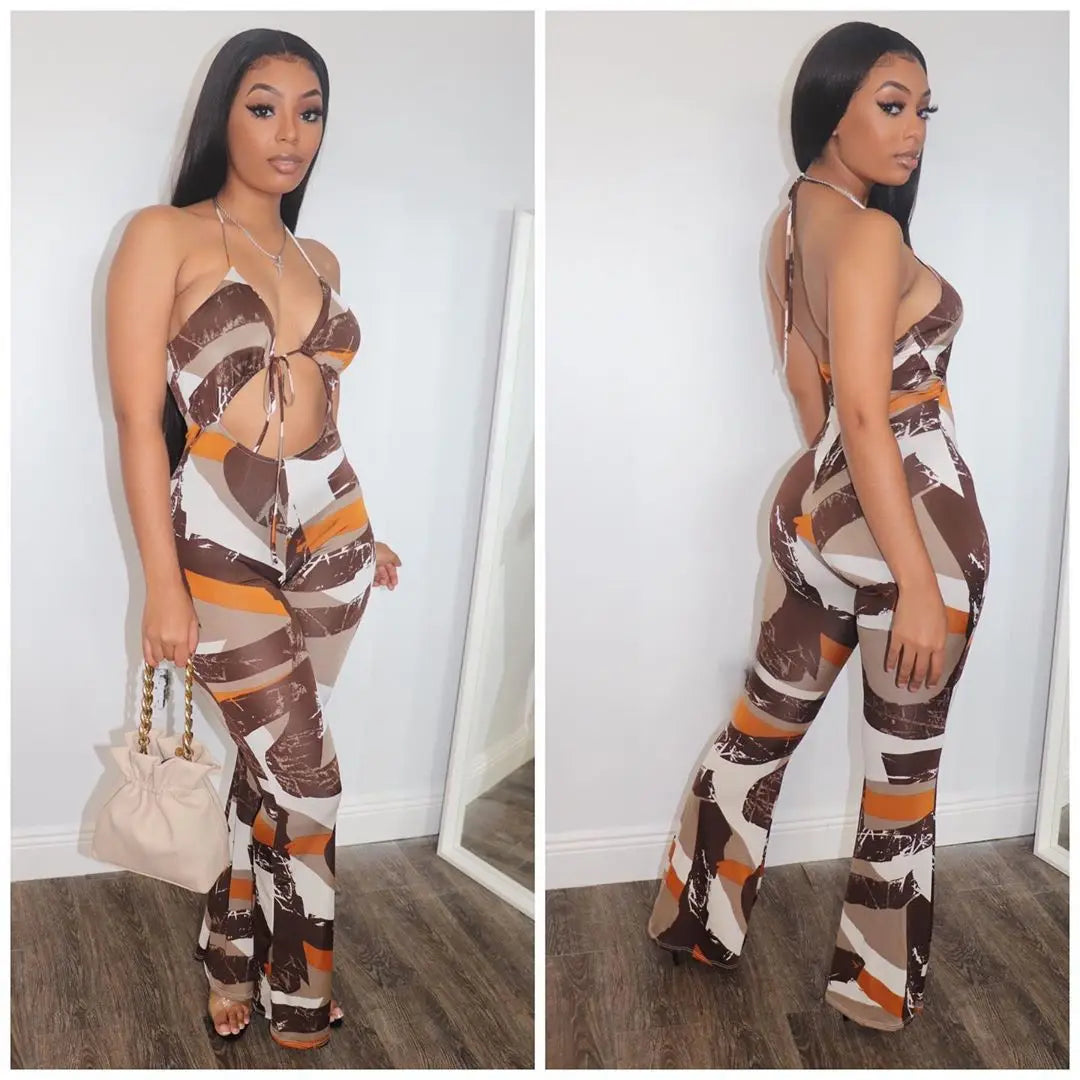 Brown Multi Palazzo Jumpsuit Women Clothing Sexy Outfits for Woman Night Club Wide Leg Romper Dropshipping