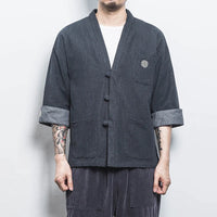 Mens Denim Shirts  Summer Men Casual Cardigan Male Chinese Style Shirt Three Quarter Streetwear Open Stitch Shirts Men Dress