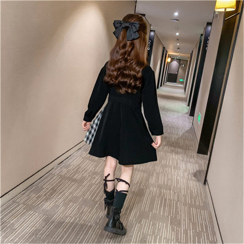 Kids Blazer Dress 2023 Girl Formal Black Blazer Dress Suit Jacket Female Fashion Children's Stitching Plaid Blazer Party Costume