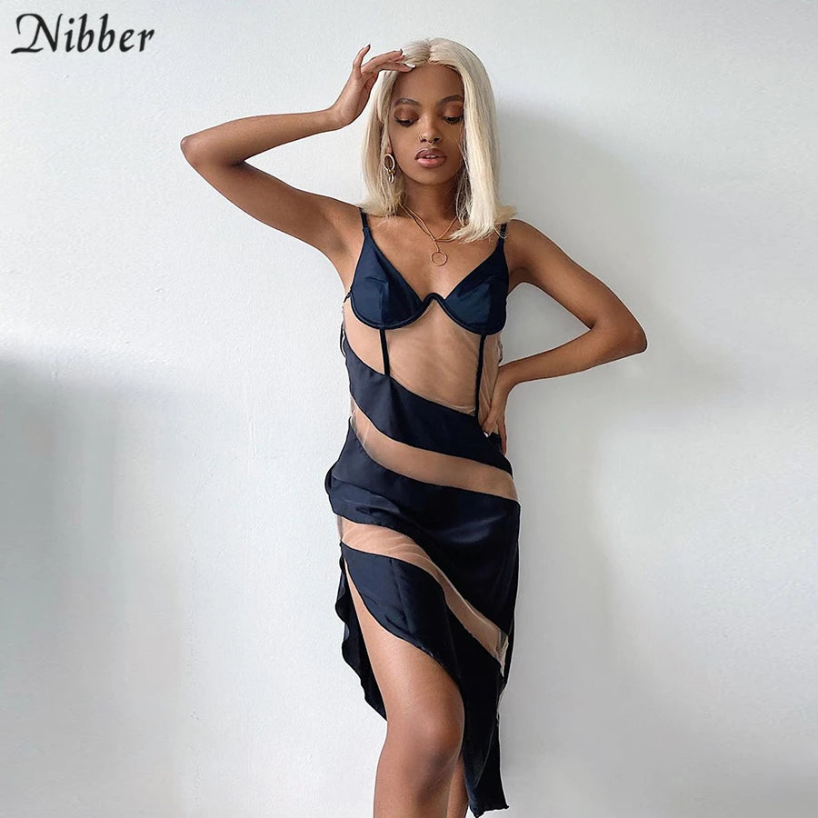 Nibber Sexy Mesh See through Patchwork Sling Midi Dresses For Women 2020 New Autumn Winter Club Party Wear Bodycon Dresses Mujer