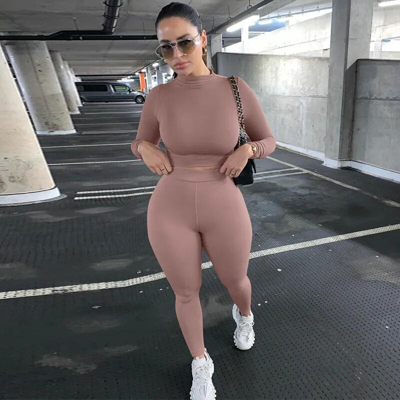 Winter Women Sport Fitness 2 Two Piece Set Outfits Long Sleeve Crop Tops Tshirt Leggings Pants Set Bodycon Tracksuits Women's