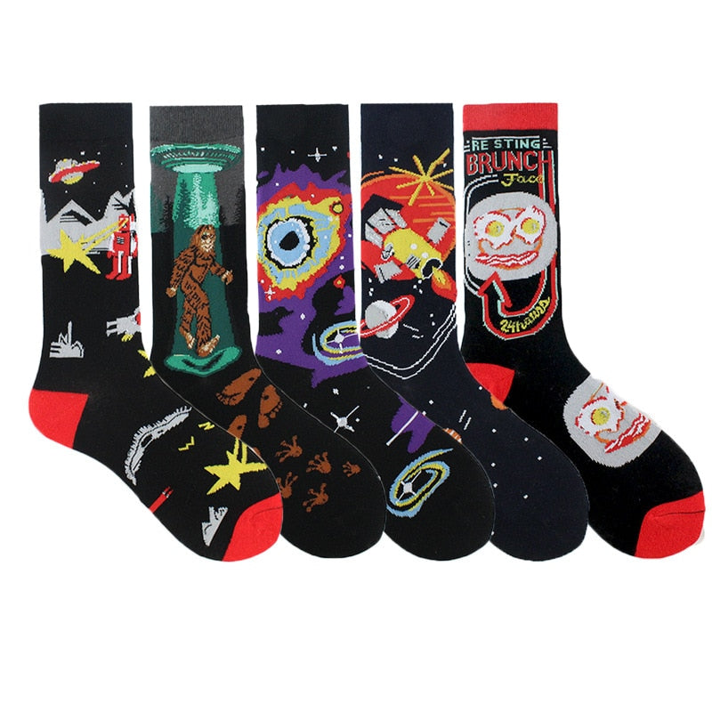 Happy Funny Unisex Painting UFO Astronaut Outer Space Rocket Star War Men Crew Socks Streetwear Cotton Male Skateboard Dress