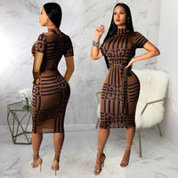 Women Sexy Turtleneck Short Sleeve Print Bodycon Midi Dress