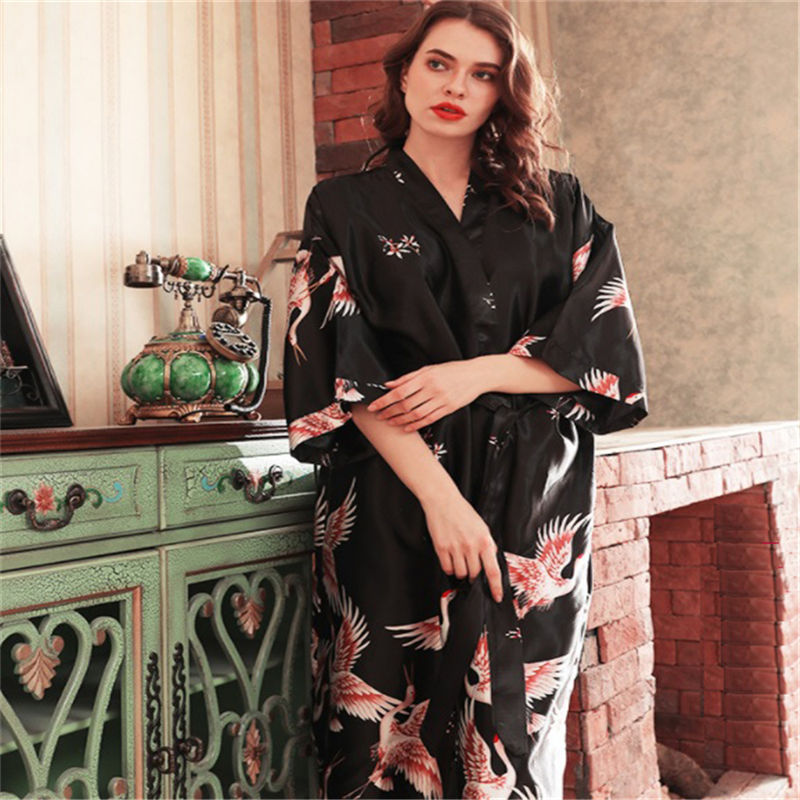 Japanese Style Long Loose Satin Peacock Woman Yukata Dress Pajamas Oriental Crane Kimono Haori Chinese Qipao Nightgown Robe