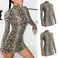 New Summer Fashion Sexy Dresses Women Snake Print Bodycon Long Sleeve Evening Party Club Mini Short Dress