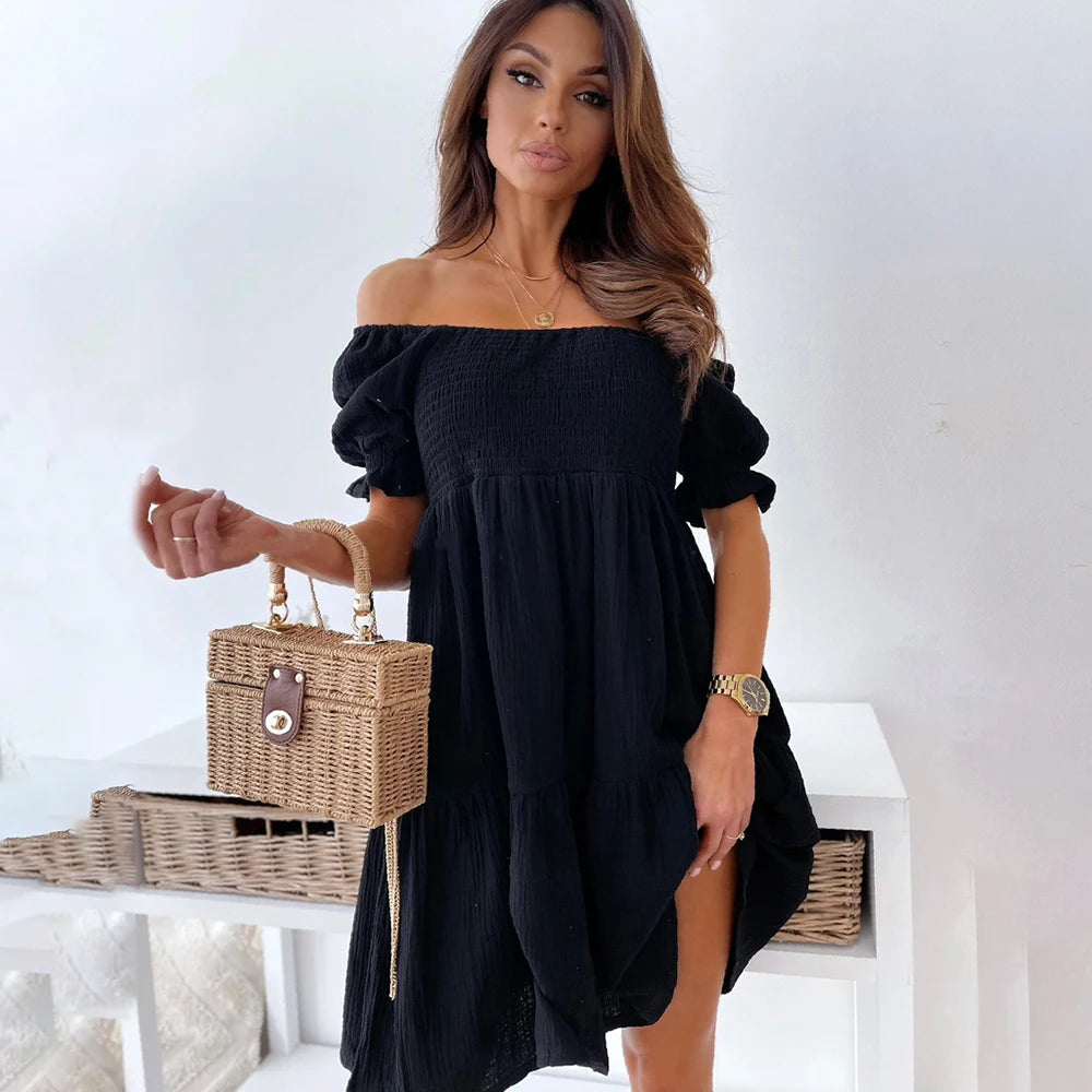 Women Sexy Backless Midi Dress 2022 Summer Fashion Lady Slash Neck White Puff Sleeve Big Swing Party Beach Dresses Casual Robe