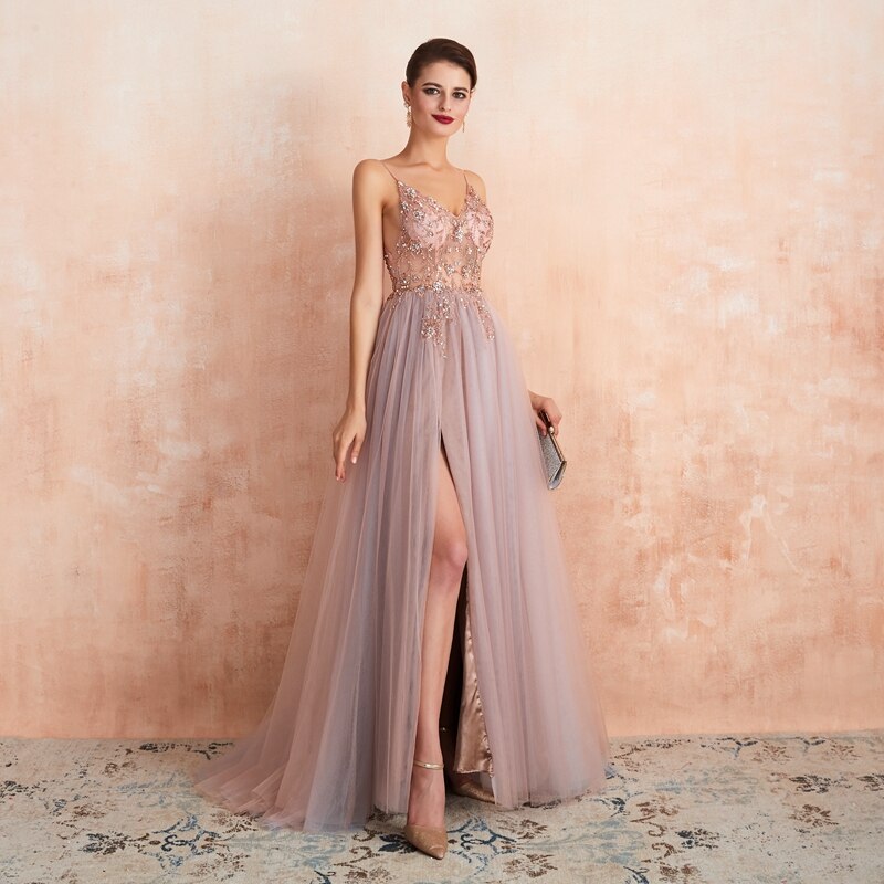 Pink Beaded Prom Dresses Plus Size 2023 Long Elegant See Through A Line Split Tulle V Neck Spaghetti Strap Evening Gown