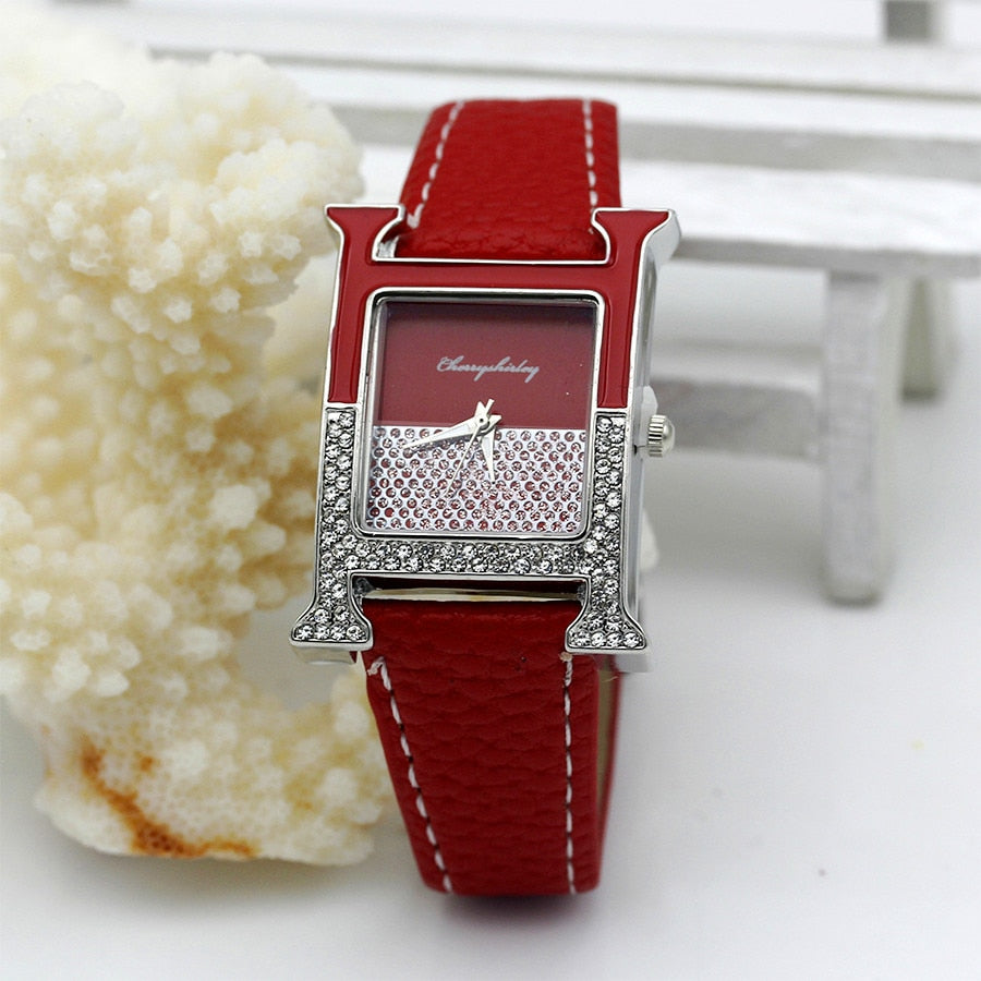 Casual Female Square Shaped WristWatch Leather Paint Rhinestone Designer Ladies Clock Women Dress Luxury Quartz Crystal Watch