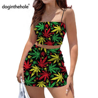 Women Sexy Bodycon 2 Piece Dress Sets Jamaica Leaf Printed New Trend Summer Reggae Style Crop Tops and Mini Skirt Outfits