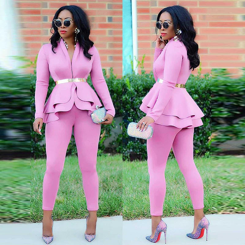 Winter Women's Set Tracksuit Full Sleeve Ruffles Blazers Pants Suit Two Piece Set Office Lady Outfits Work Business Wear Uniform