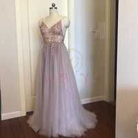 Pink Beaded Prom Dresses Plus Size 2023 Long Elegant See Through A Line Split Tulle V Neck Spaghetti Strap Evening Gown