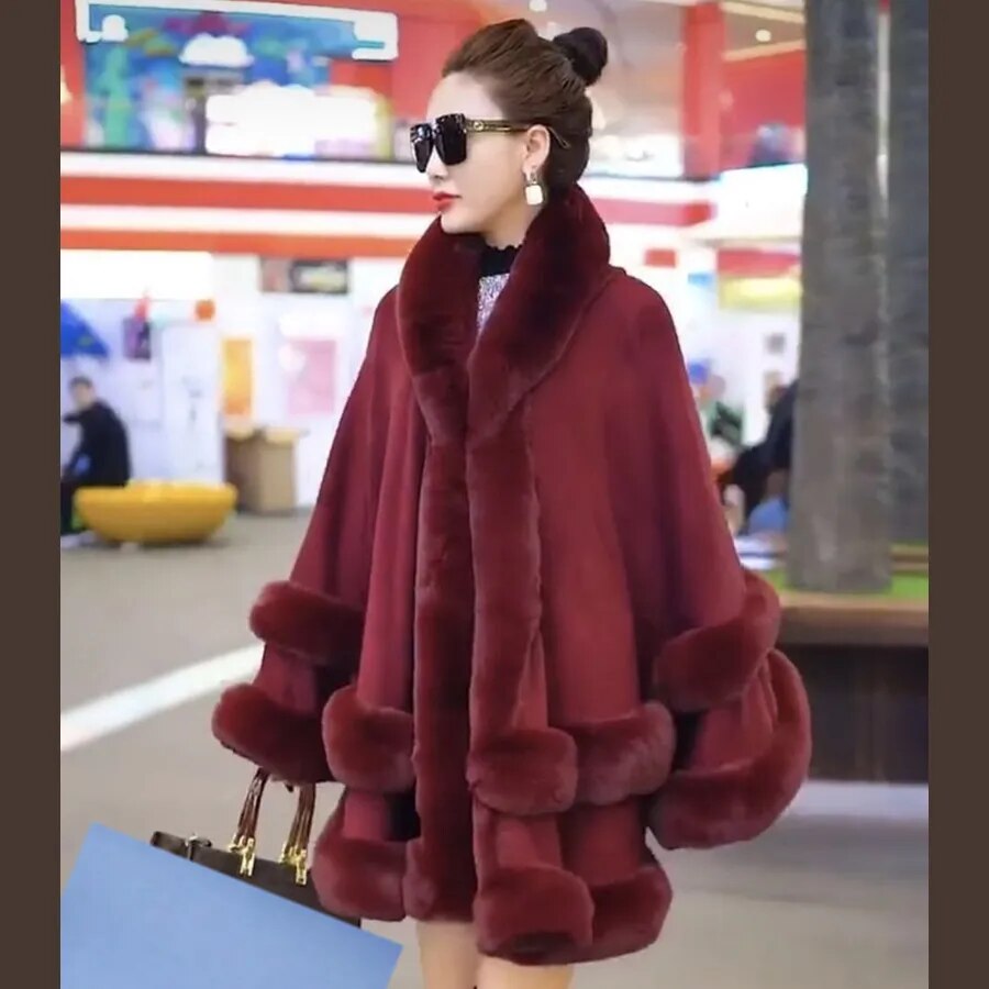 Double Layer Luxury Imitated Rex Rabbit Fur Cape Coat Hooded Shawl Winter Women Knit Poncho Overcoat Faux Fur Wraps Big