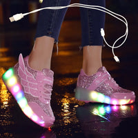 USB Charging Children Roller Skate Casual Shoes Boys Girl Automatic Jazzy LED Lighted Flashing Kids Glowing Sneakers with Wheels