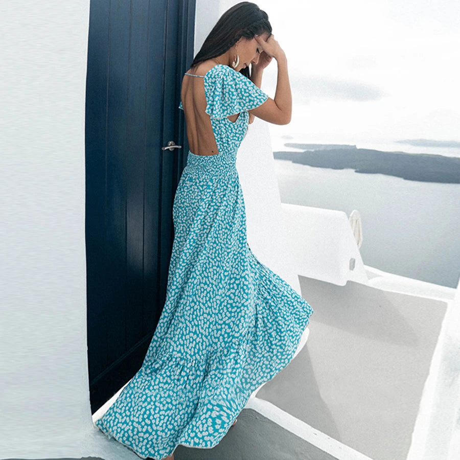 TEELYNN sexy backless maxi dress Summer 2020 cotton blue Floral Print Dress Beach V Neck Vestidos Casual Boho Women dresses robe