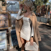 Dulzura Ruched Solid Women Long Sleeve Mini Dress Bodycon Sexy Party Elegant Streetwear 2020 Autumn Winter Club White Clothes