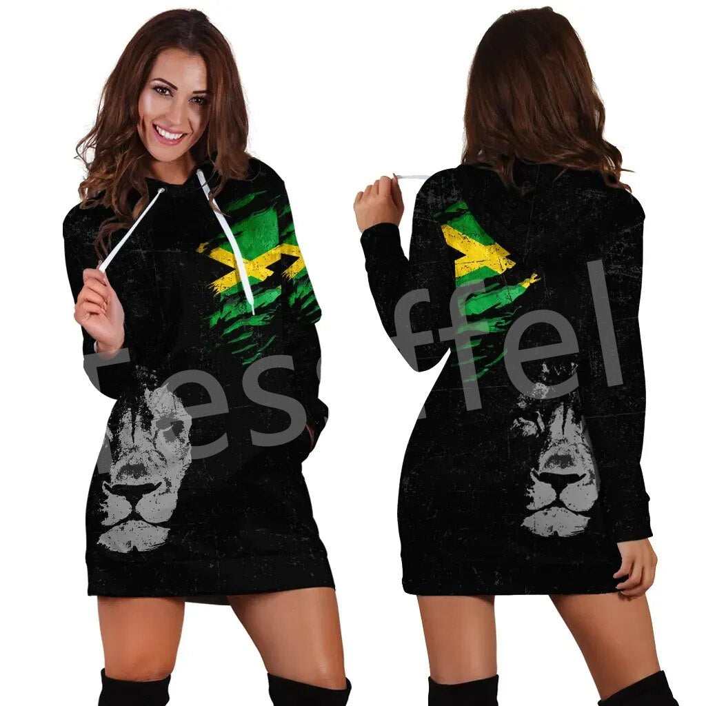 Tessffel NewFashion Country Reggae Jamaica Lion Emblem Retro Tattoo 3DPrint Pullover Sexy Women Hoodie Dress Funny Casual A1