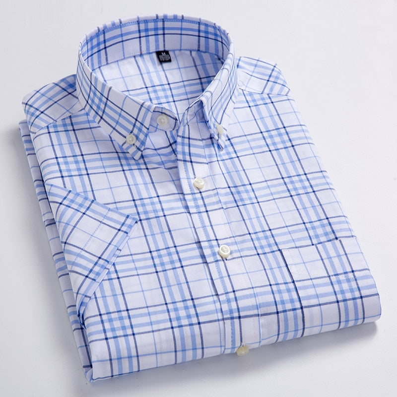 High Quality Men&#39;s Oxford Casual Shirts Leisure Design Plaid Men&#39;s Social Shirts 100% Cotton Short Sleeve Men&#39;s Dress Shirts