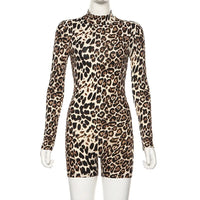 Woman High Neck Short Jumpsuit Tiger Stripes leopard Printed Long Sleeve Short Bodysuit S-L P1735252